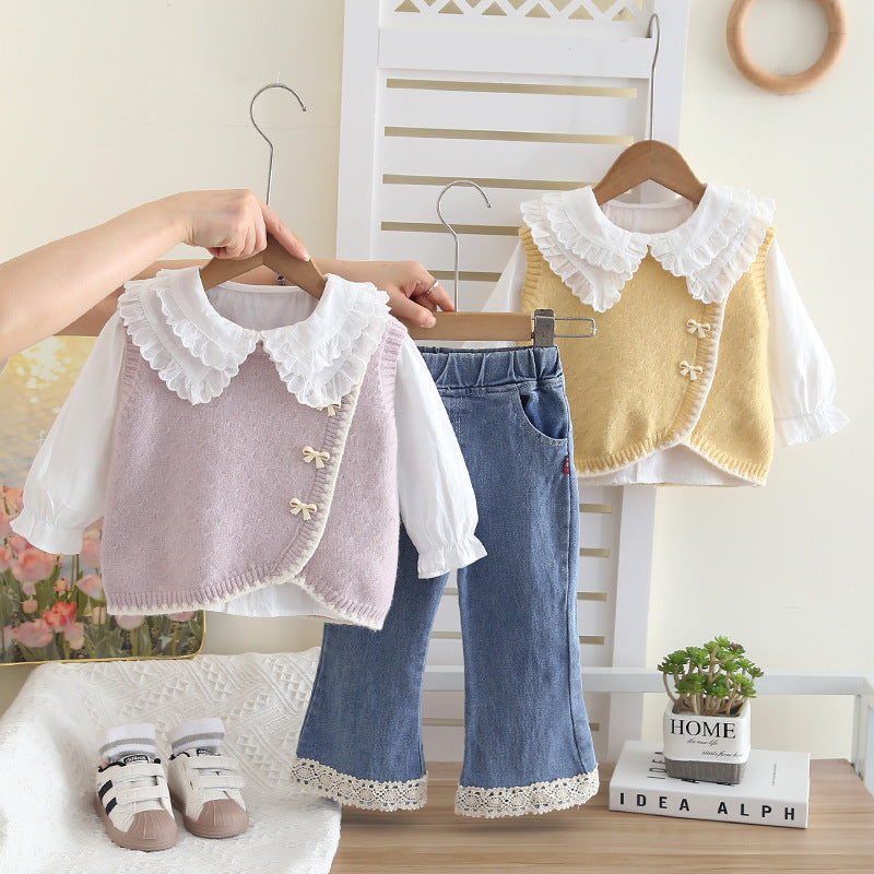 Soft Knit Vest, Blouse & Lace Trim Denim Pants Set