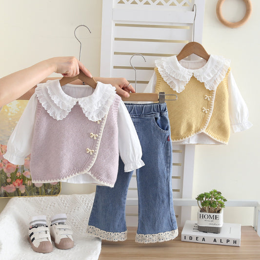 Soft Knit Vest, Blouse & Lace Trim Denim Pants Set