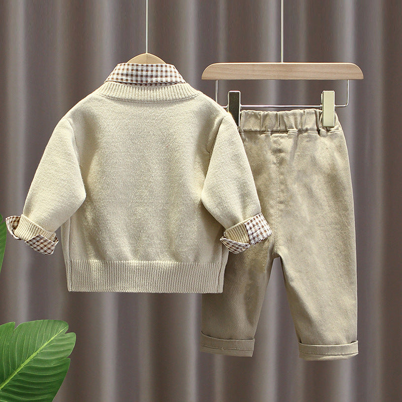 Boy Casual Plaid Shirt, Cardigan Top With Pants Set