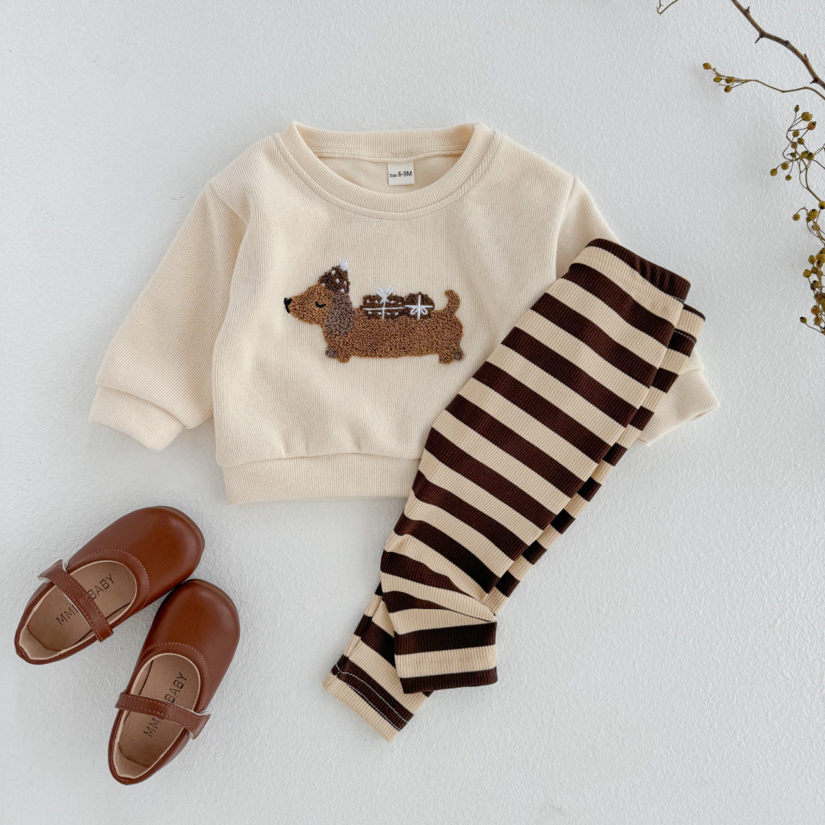 Cute puppy patch hoodie striped pants set