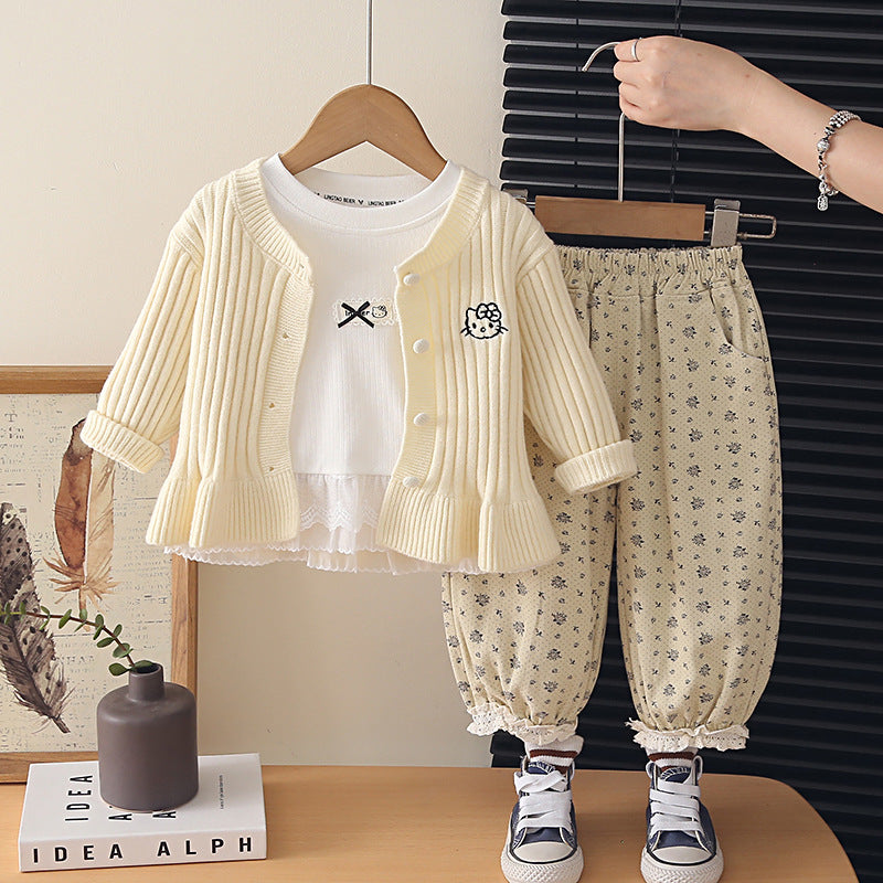 Girl Embroidered Cardigan & Floral Pants Set
