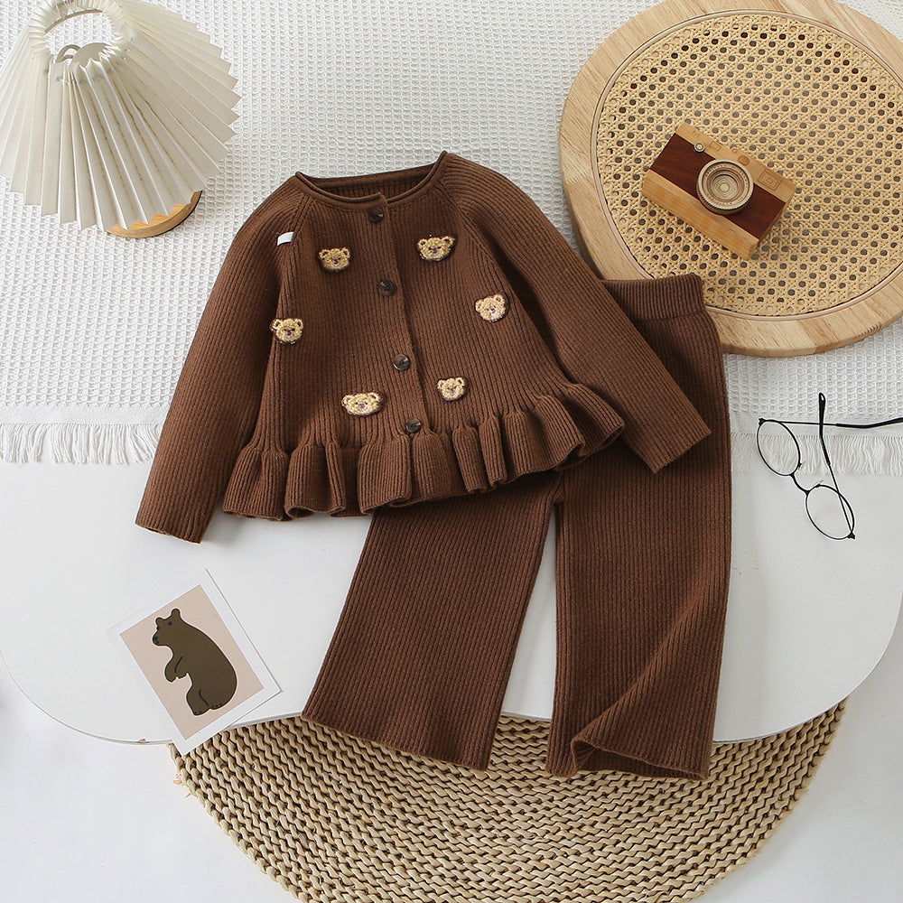 Girl Bear Applique Knit Cardigan & Pants 2-Piece Set