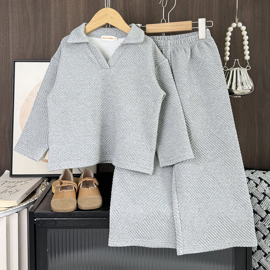 Loose Simple Solid Color Girl New V-Neck Turn-Down Collar Two-Piece Set
