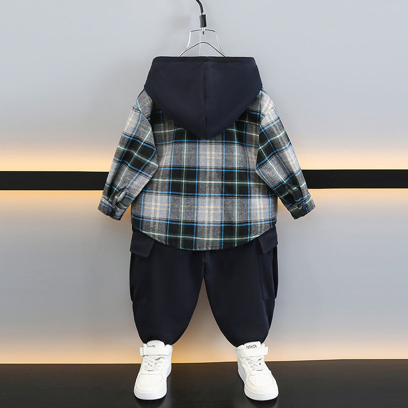 Boy Hooded Plaid Shirt & Jogger Pants Set