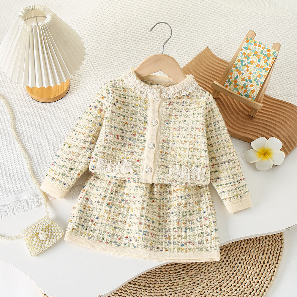 Girl Tweed Cardigan & Skirt 2-Piece Set