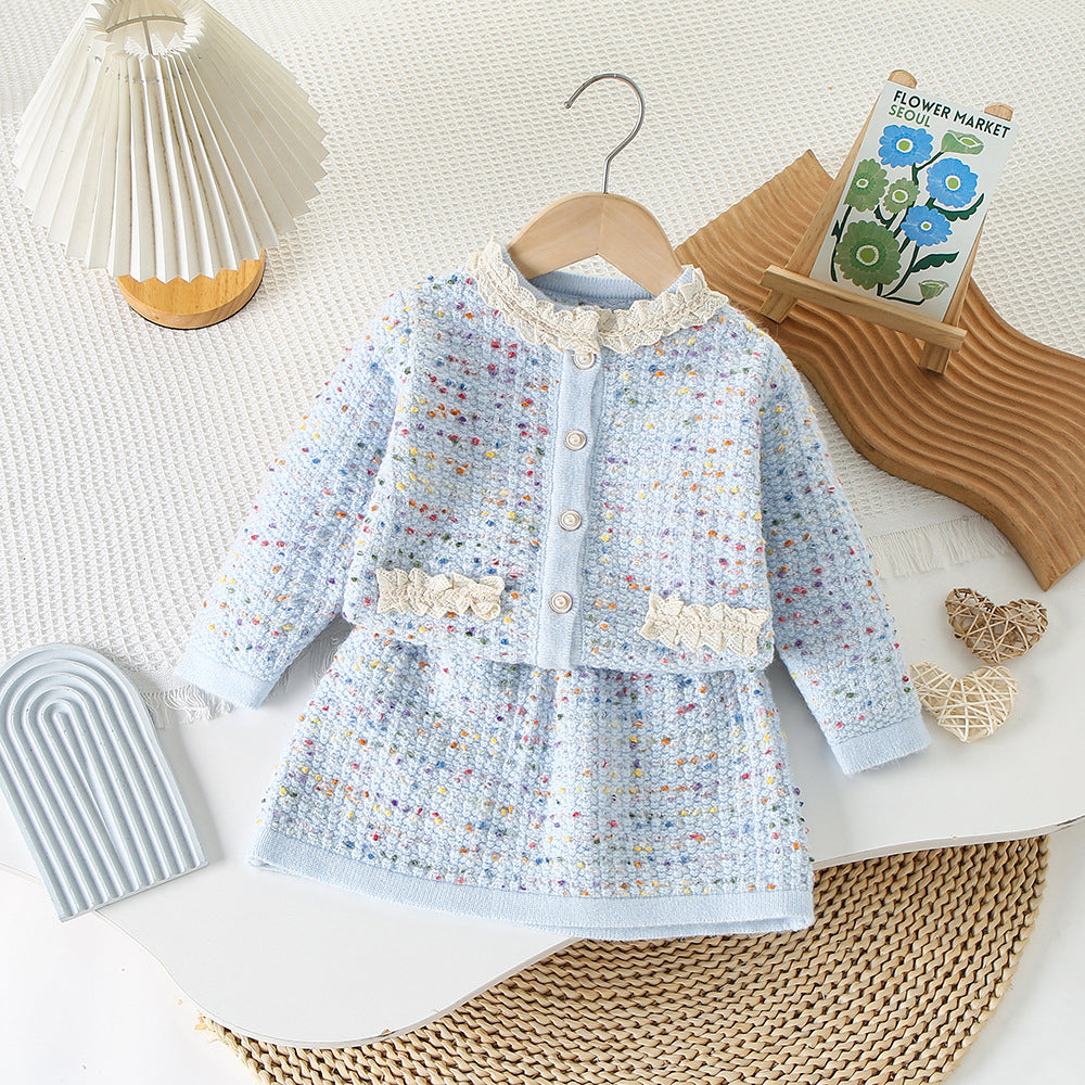 Girl Tweed Cardigan & Skirt 2-Piece Set