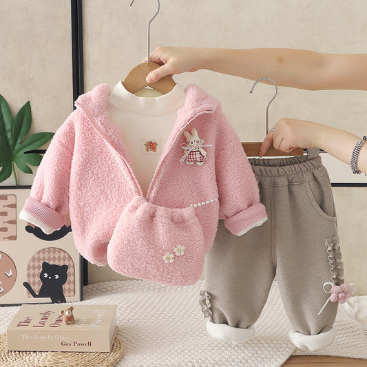 Girl Winter Fleece Hoodie & Ruffle Sweatpants 3-Piece Set