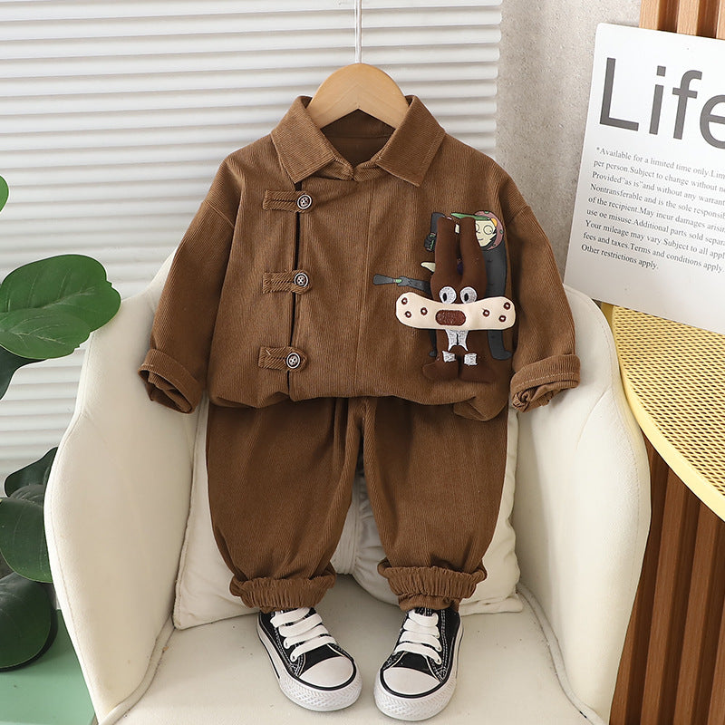 Boy Cartoon Patch Detail Corduroy Shirt & Pants Set