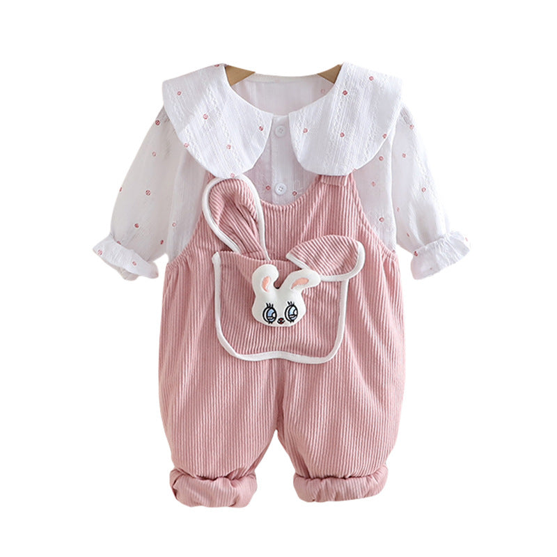 Girl Cute Bunny Pocket Collar Shirt Romper Set