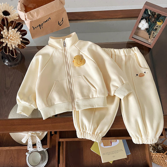 Kids Casual Cartoon Print Zipper Two-Piece Set