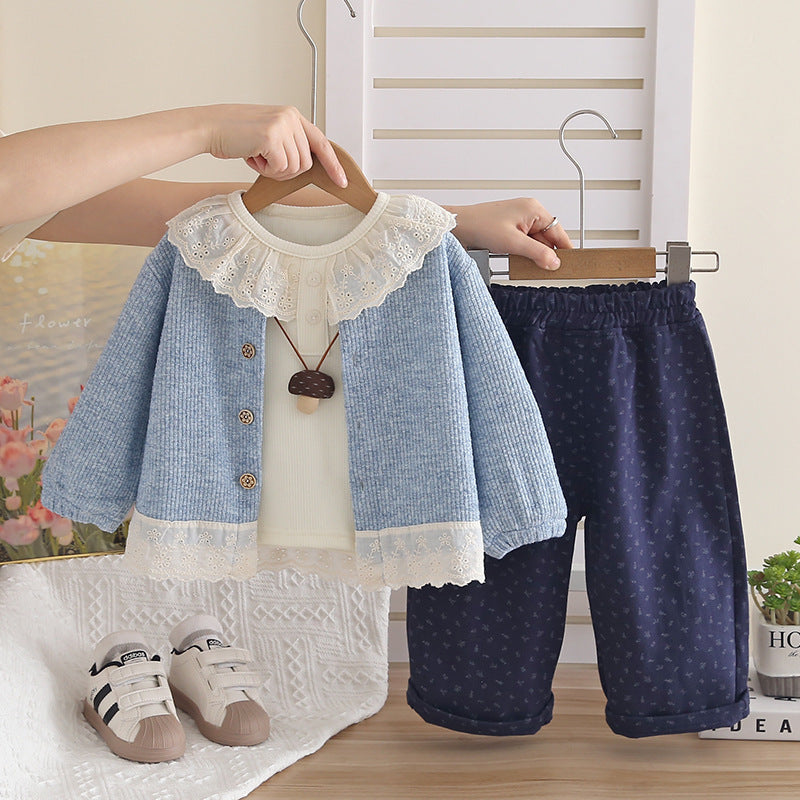 Girl Vintage Lace Collar Cardigan, Top & Pants 3-Piece Set