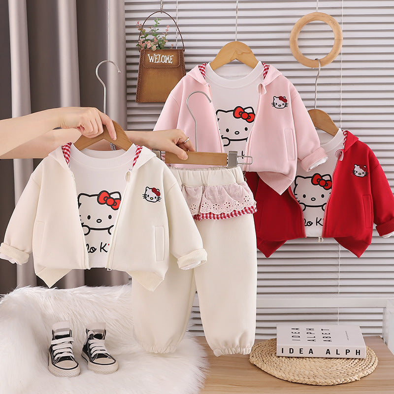 Girls Autumn Cartoon Long Sleeve Jacket 3 Piece Outfit Set