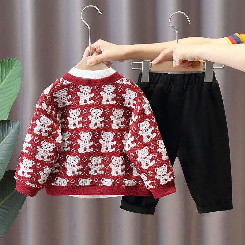 Boy Teddy Bear Pattern Cardigan, Shirt & Pants 3-Piece Set