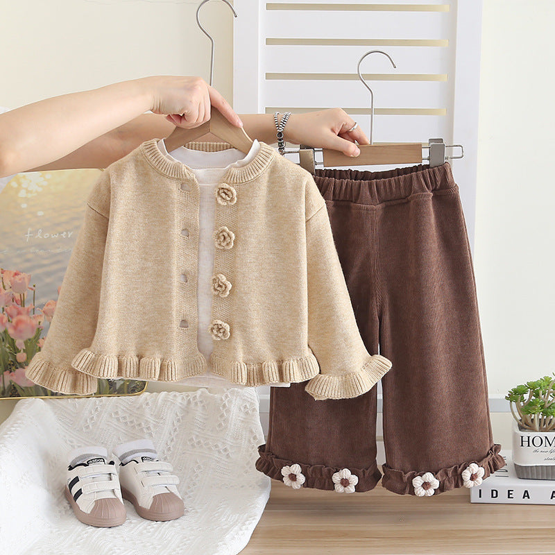 Four Flowers 3-Piece Knit Sweater Set for Baby Girls