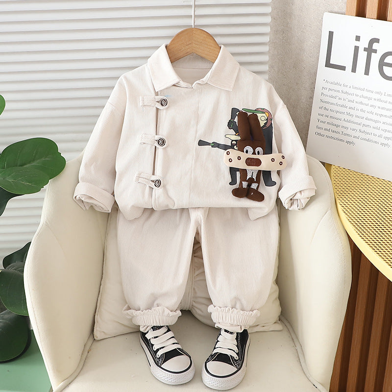 Boy Cartoon Patch Detail Corduroy Shirt & Pants Set