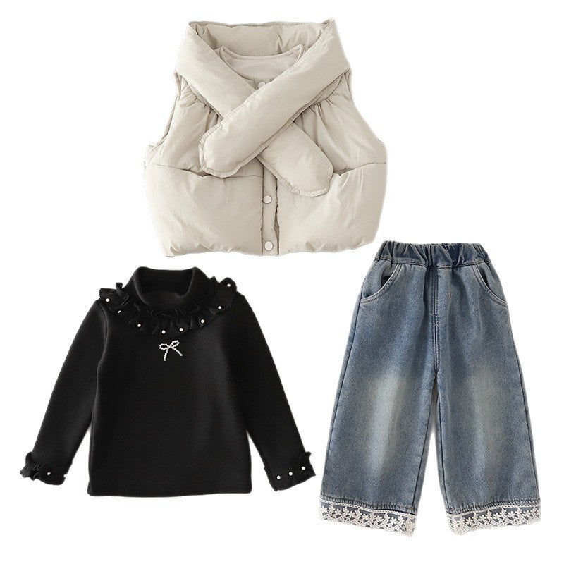 Girl Casual Puff Vest Denim Lace Trim Pants 3-Piece Set