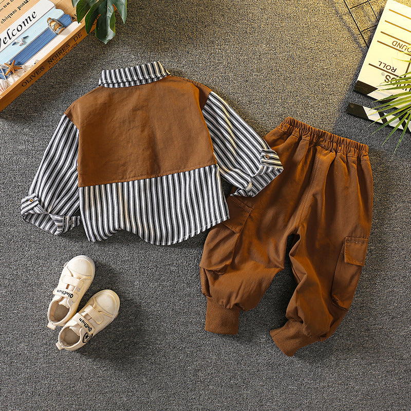 Boy Striped Contrast Pocket Shirt & Cargo Pants Set