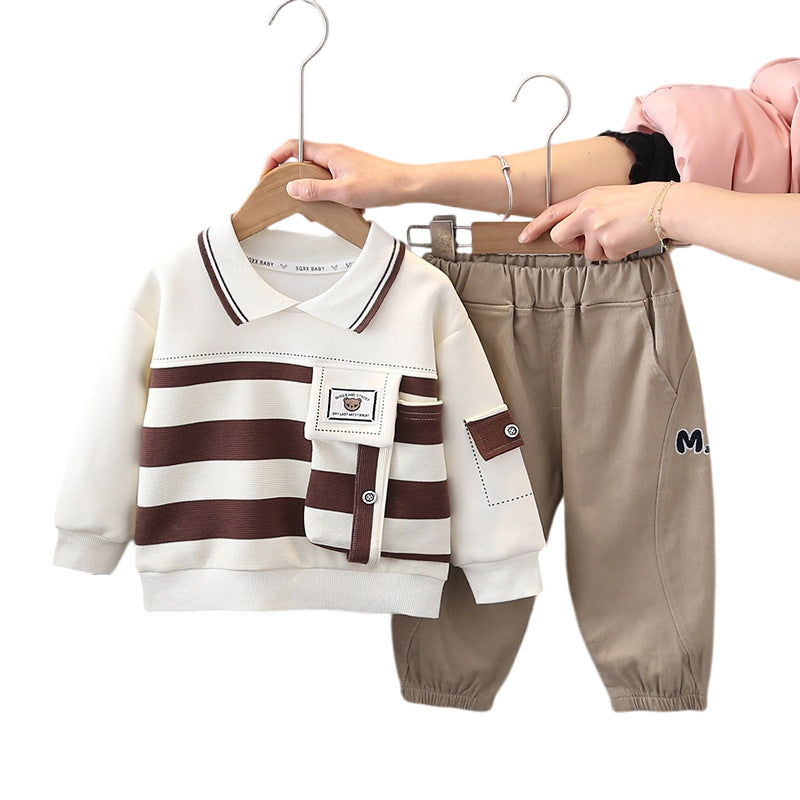 Boy Striped Collar Top & Casual Pants Set