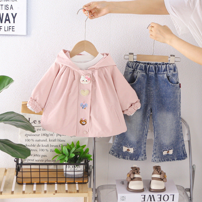 Girl Cute Hooded Jacket & Butterfly Jeans Set