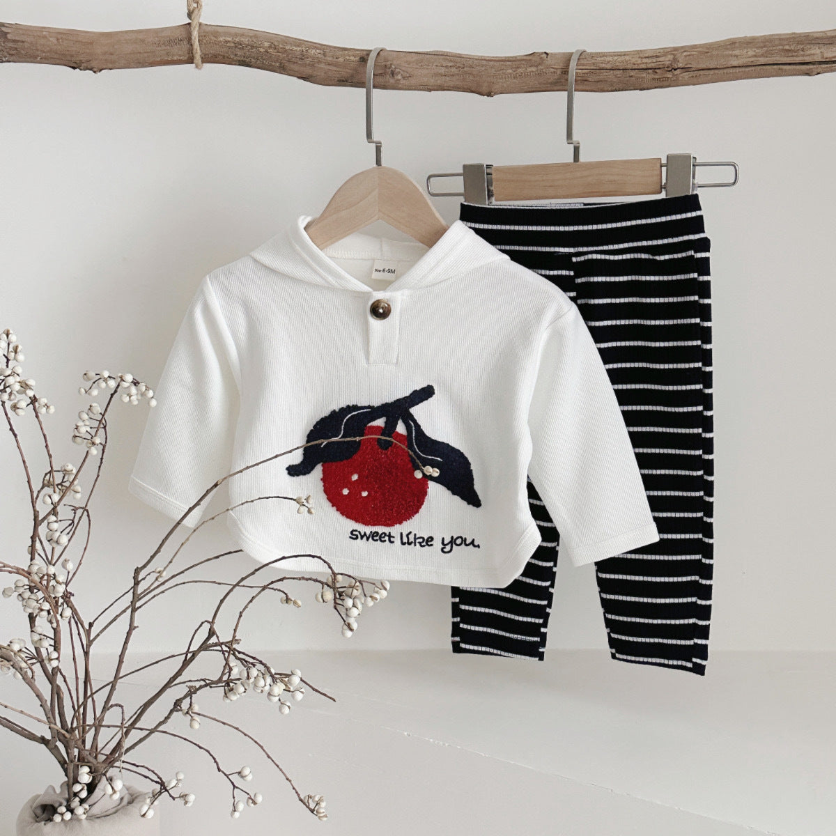 Cute cherry sticker hooded sweatshirt striped sports pants