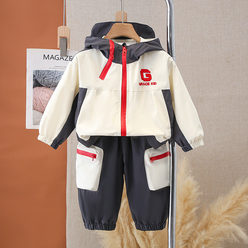 Boy Colorblock Hooded Windbreaker Jacket & Cargo Pants Set