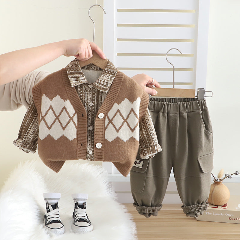 Boy Argyle Vest, Shirt & Cargo Pants Set