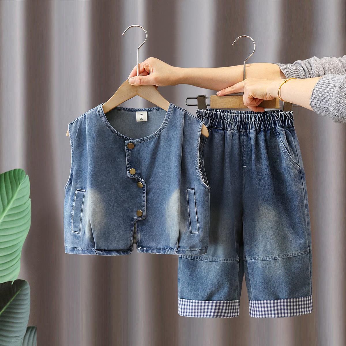 Boy Gingham Shirt, Denim Vest & Shorts Set