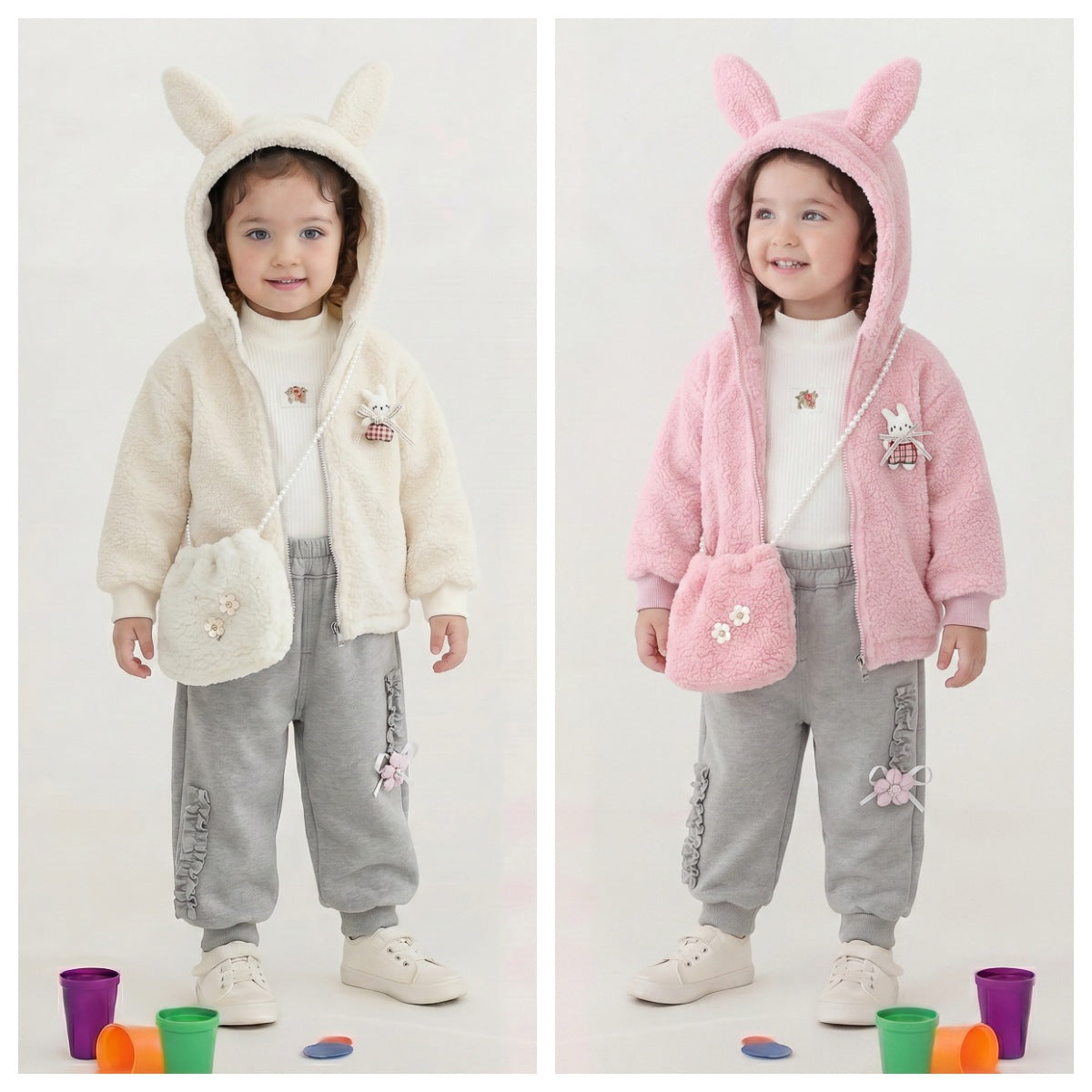Girl Winter Fleece Hoodie & Ruffle Sweatpants 3-Piece Set