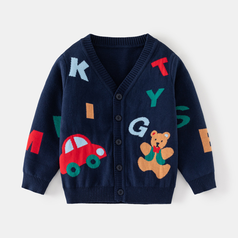 Boys Cartoon Jacquard Knit Cardigan Sweater