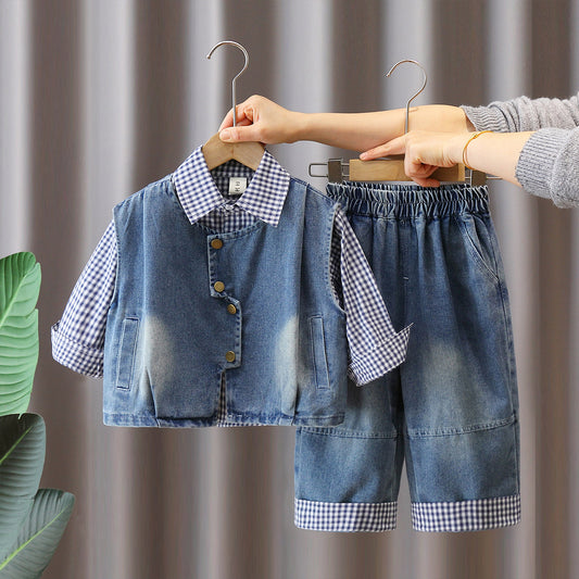 Boy Gingham Shirt, Denim Vest & Shorts Set