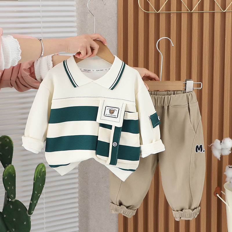 Boy Striped Collar Top & Casual Pants Set
