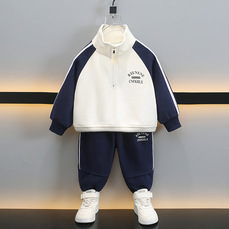Boy Contrast Zip Pullover Top & Jogger Pants Set