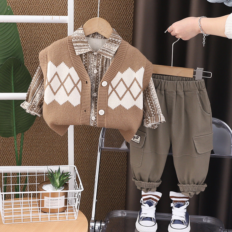 Boy Argyle Vest, Shirt & Cargo Pants Set