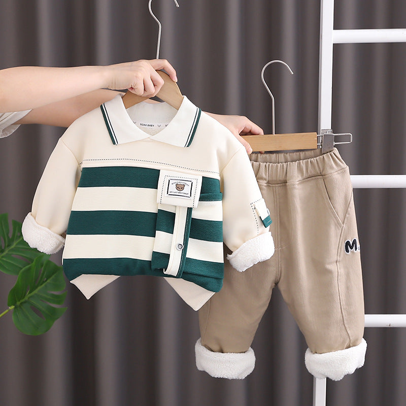 Boy Winter Fleece Lined Striped Polo Shirt & Pants Set