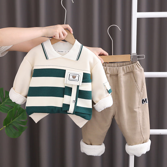 Boy Winter Fleece Lined Striped Polo Shirt & Pants Set