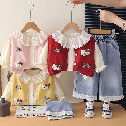 Girl Cute Bow Applique Knit Vest & Lace Trim Denim Pants Set