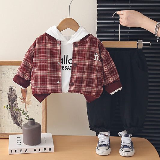 Boy Plaid Jacket, Hoodie & Jogger Pants Set
