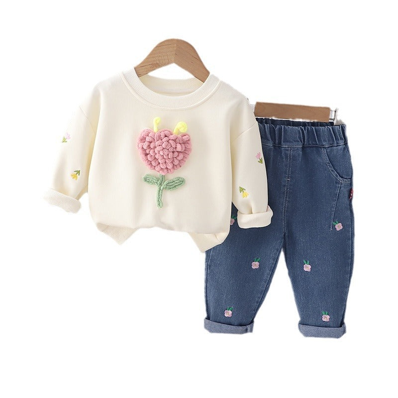 Girl Floral Applique Sweatshirt and Embroidered Denim Pants Set