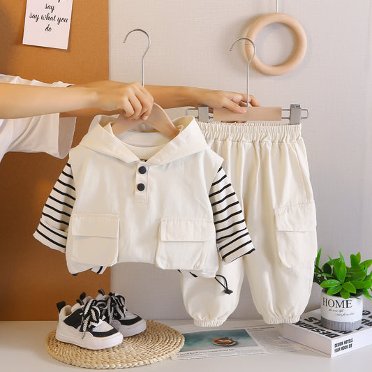 Boys Striped Hooded Cargo Vest 3 Piece Set