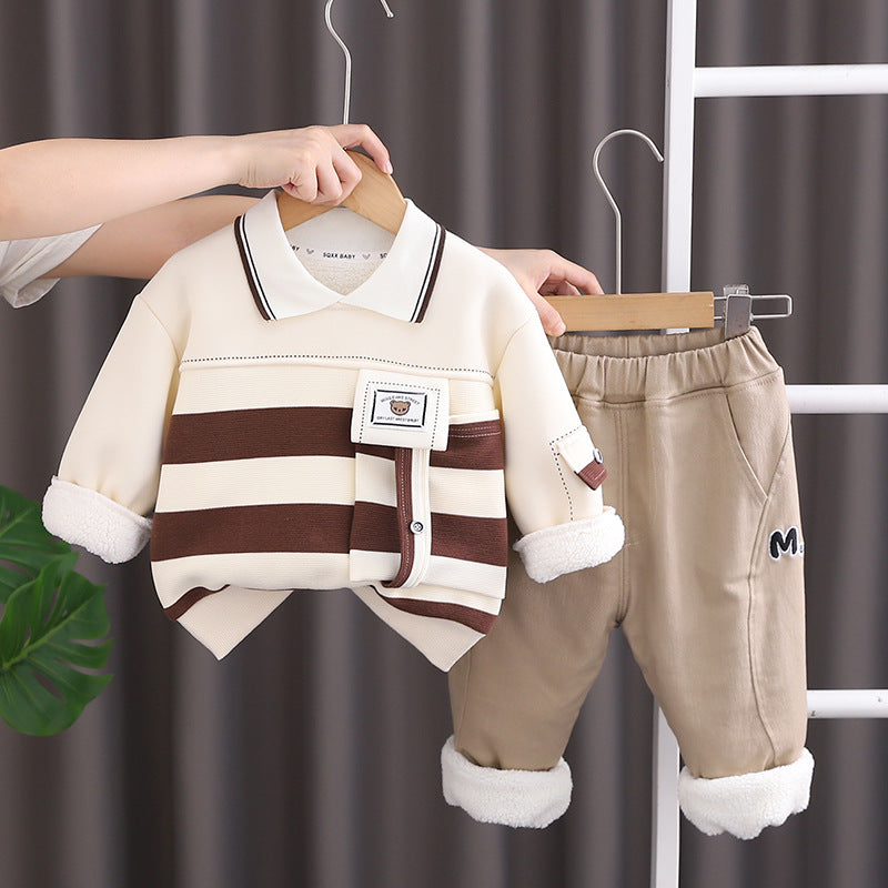 Boy Winter Fleece Lined Striped Polo Shirt & Pants Set