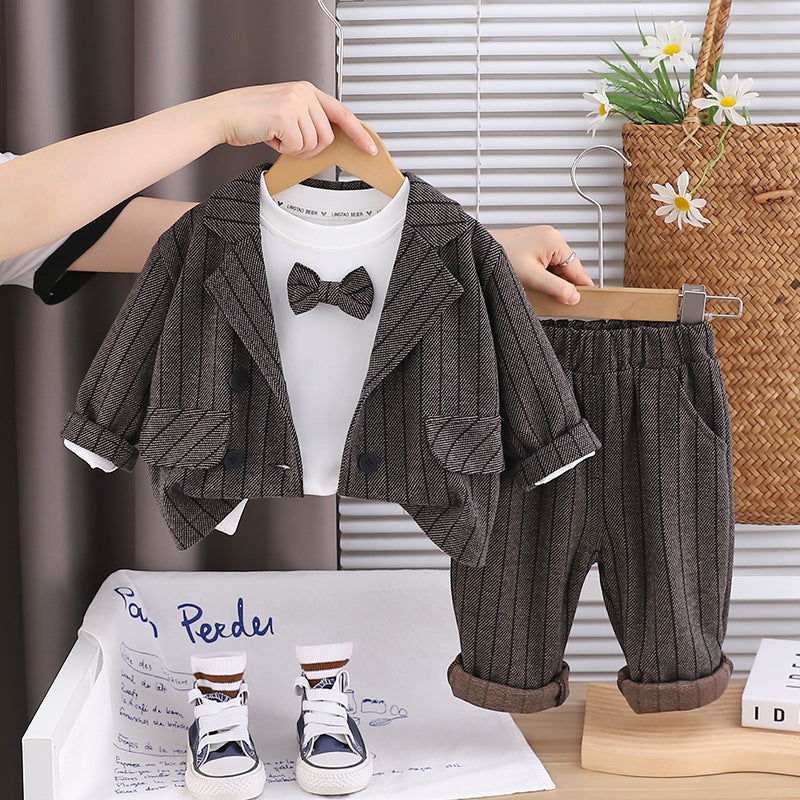 Boy Striped Bow Tie Blazer Jacket and Pants Set