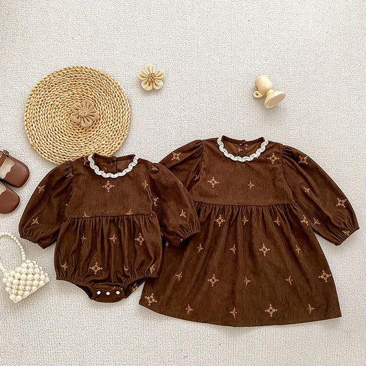 Vintage Corduroy Embroidered Girls' Dress