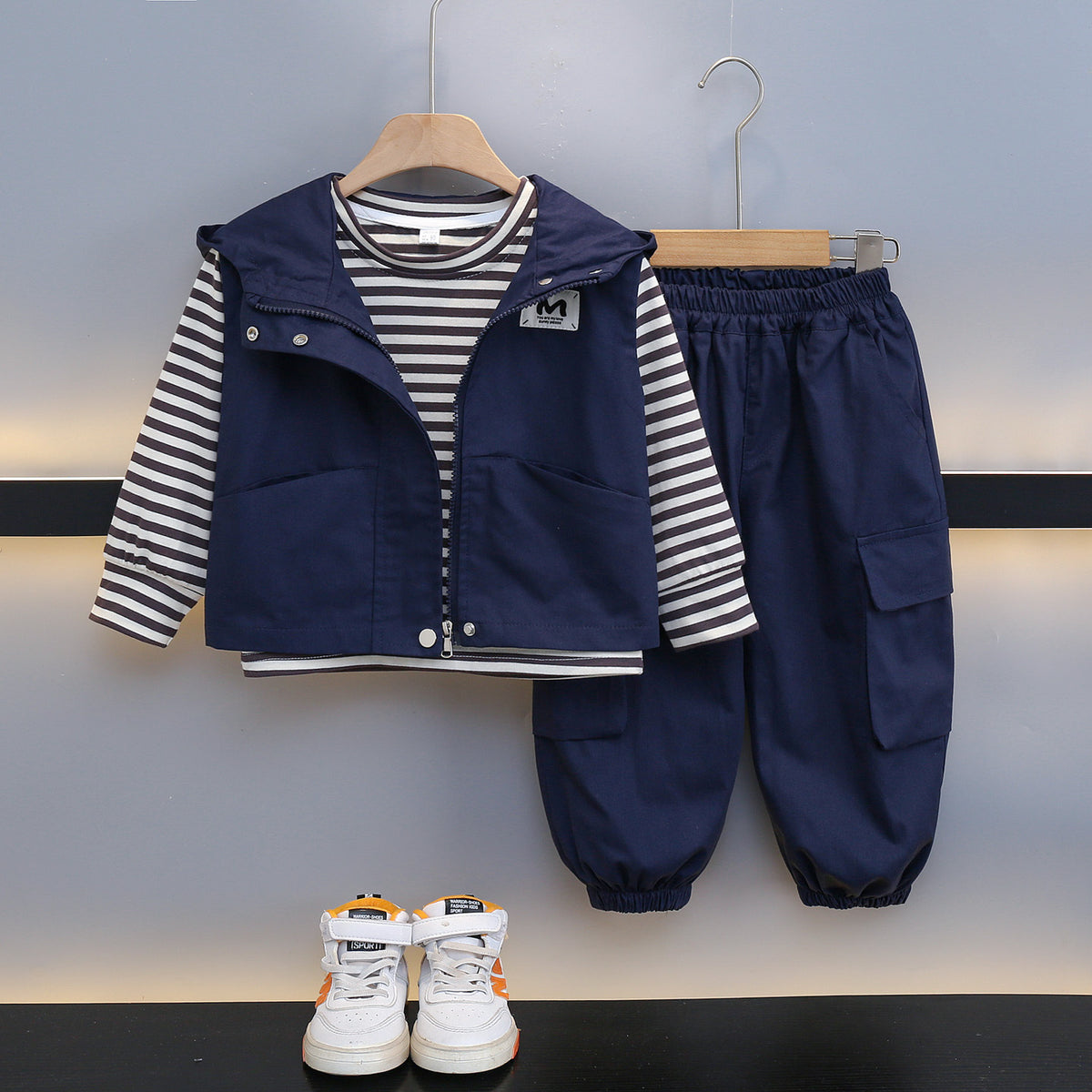 Boy Striped Long Sleeve Top Cargo Pants & Hooded Vest 3-Piece Set