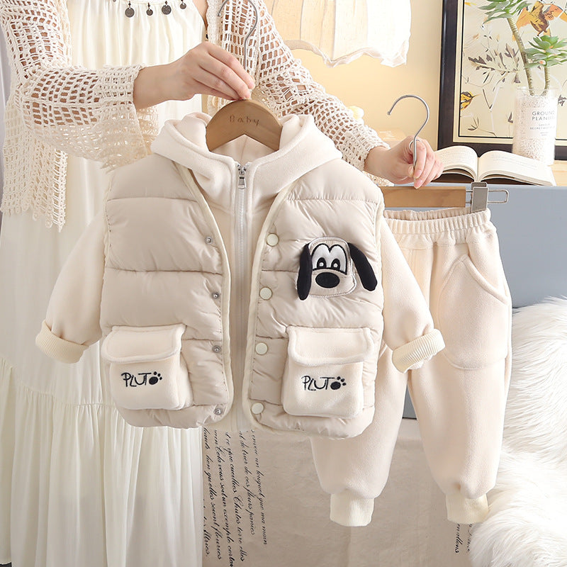 Boy Puppy Applique Hooded Jacket with Puffer Vest Set