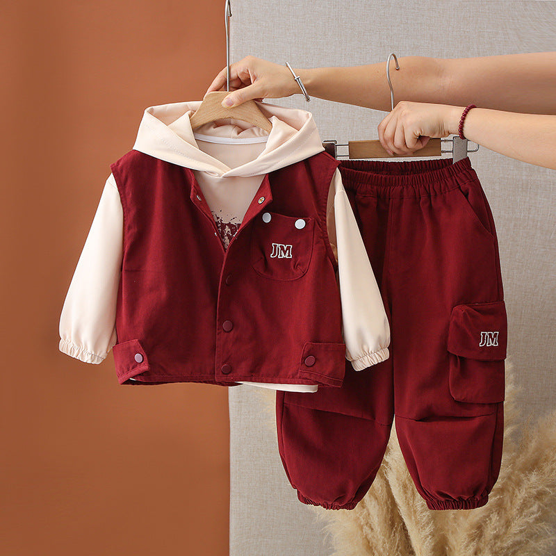 Boy Hoodie & Vest Cargo Pants Set