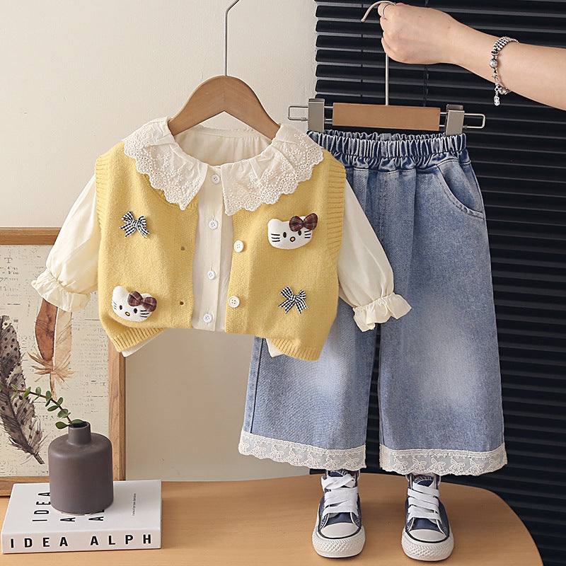 Girl Cute Bow Applique Knit Vest & Lace Trim Denim Pants Set