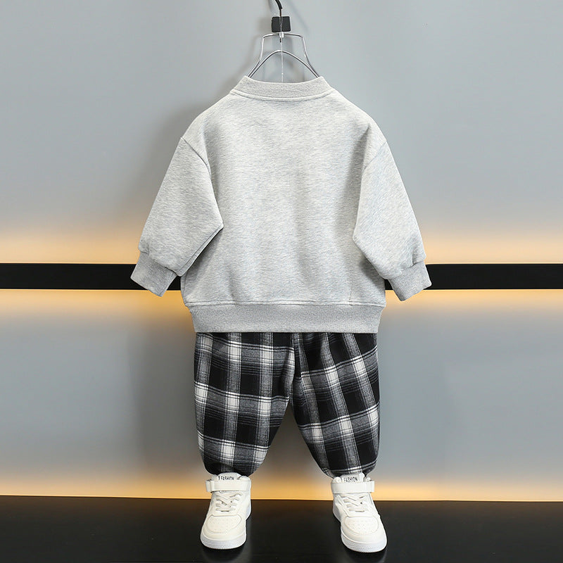 Boy Plaid Pants & Button Detail Sweatshirt Set