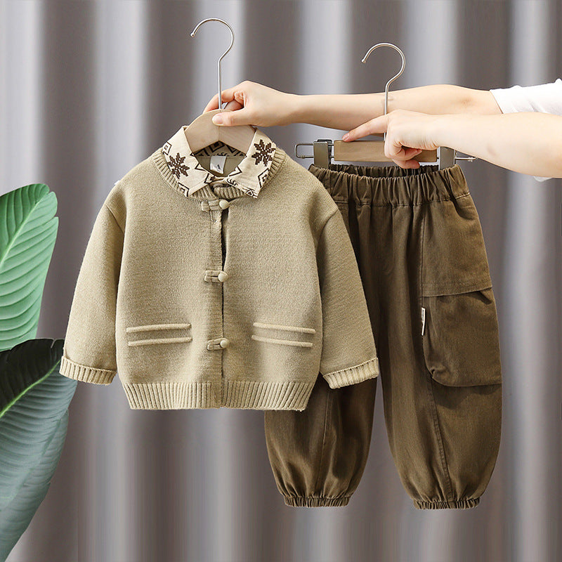 Boy Collar Knit Sweater & Cargo Pants Set