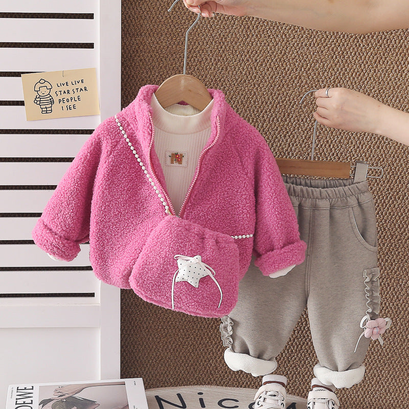Girl Cozy Plush Cat Jacket & Bag with Fleece Lined Pants Set