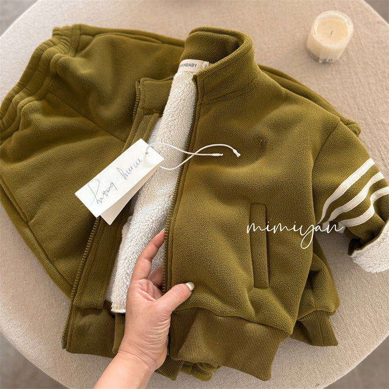Boy & Girl Striped Sleeve Sherpa Fleece Jacket & Joggers Set